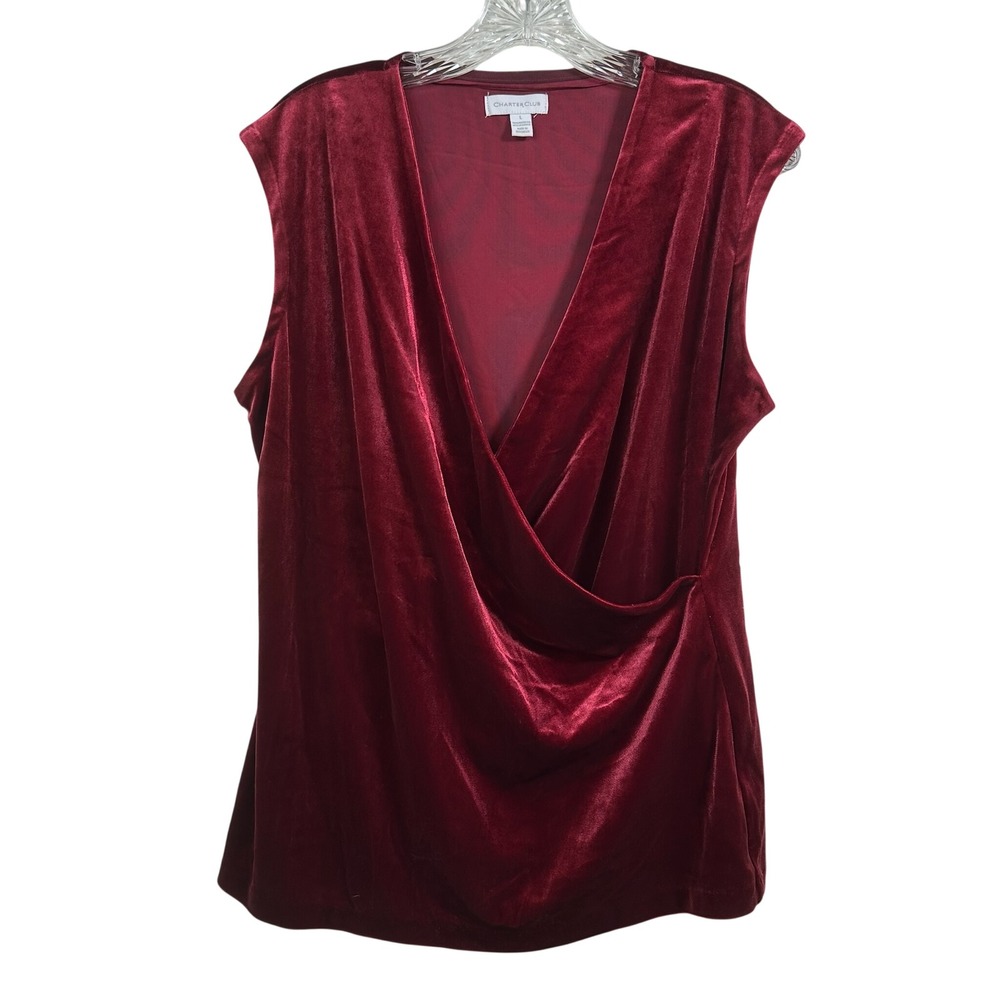 Charter Club Womens Red Velvet Surplice Wrap Top Sleeveless V-Neck Large